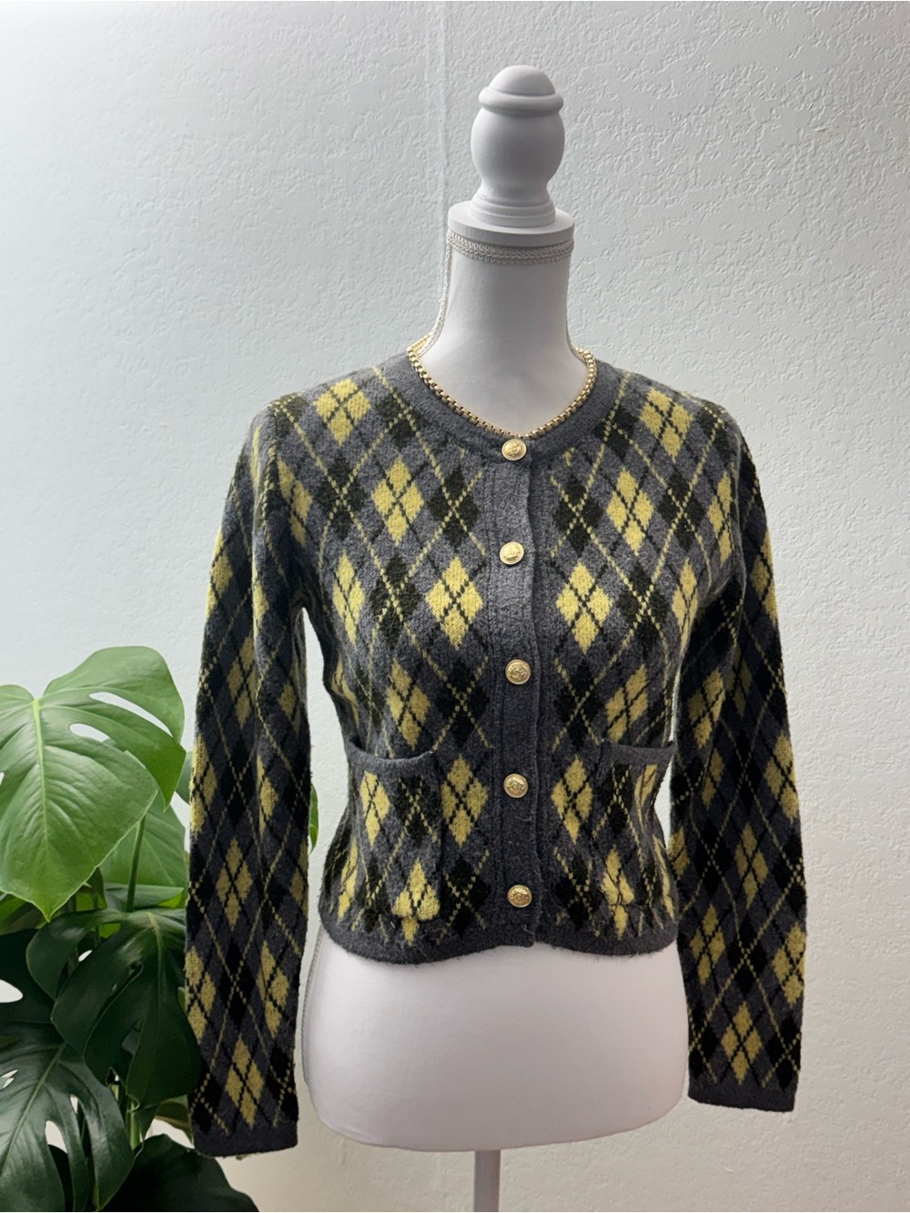 Women's Gray and Yellow Argyle Button-Up Sweater Cardigan